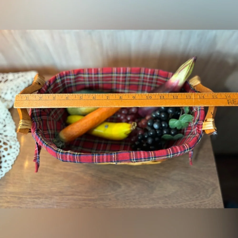 Decorative Folk Art Faux Fruit Vegetable Basket Plaid Liner Glazed Paper Mache